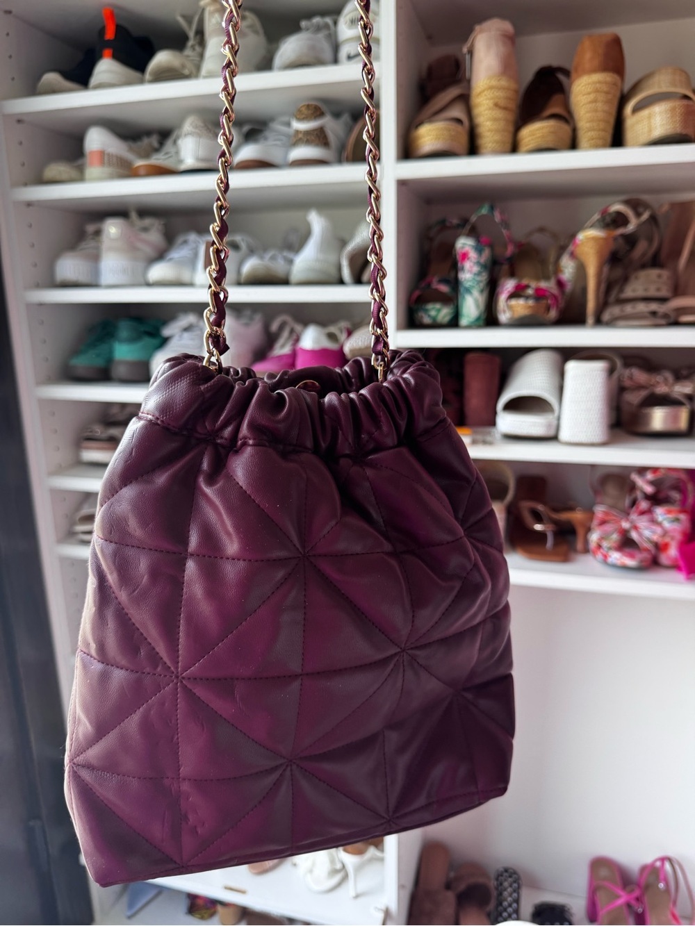 a new day Quilted Wine Drawstring Crossbody with Gold Chain - Picture 2 of 4